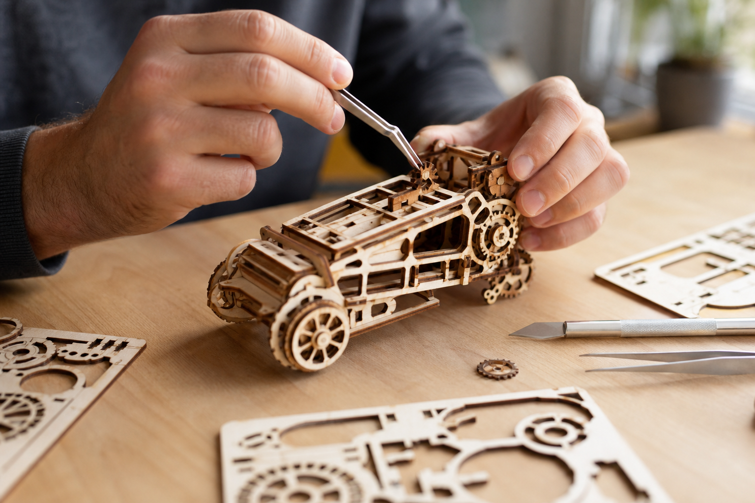 Verschillende houten en metalen miniatuur bouwpakketten op een werktafel