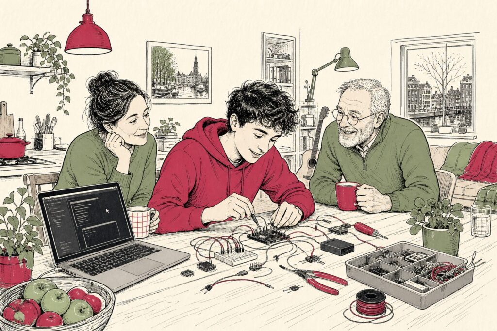 Werkbank met een microcontrollerbordje verbonden aan chips en een laptop