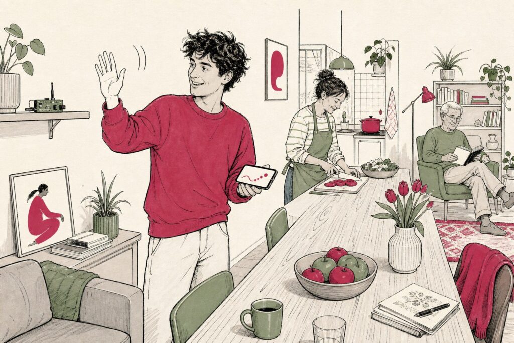 Iemand zwaait in de woonkamer terwijl een wifi-bordje beweging registreert